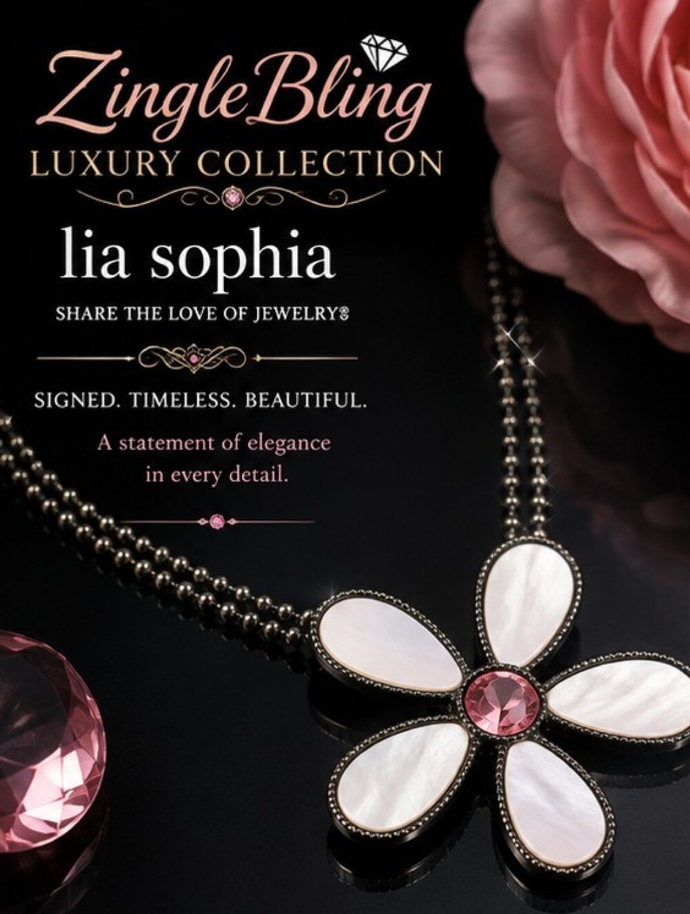 Lia Sophia Mother of Pearl Flower Pink Crystal Gunmetal Necklace